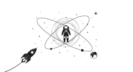 Astronaut Floating in Space with Orbiting Planets and Rocket © Safa_Sekar Madinah
