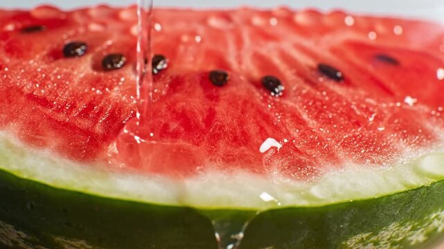 Close-up view of fresh watermelon slice with water droplets glistening in the light