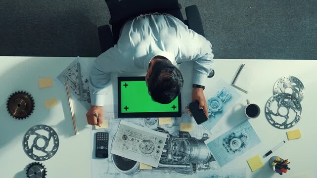 Top view of engineer looking at phone while working on tablet with green screen at meeting table with turbine engine or jet engine sketch design and various metal gear scatter around. Alimentation.