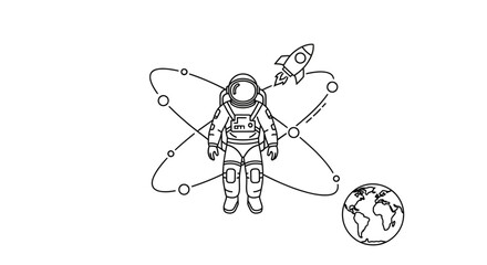 Fototapeta premium Astronaut with Rocket and Planet Earth - Outline