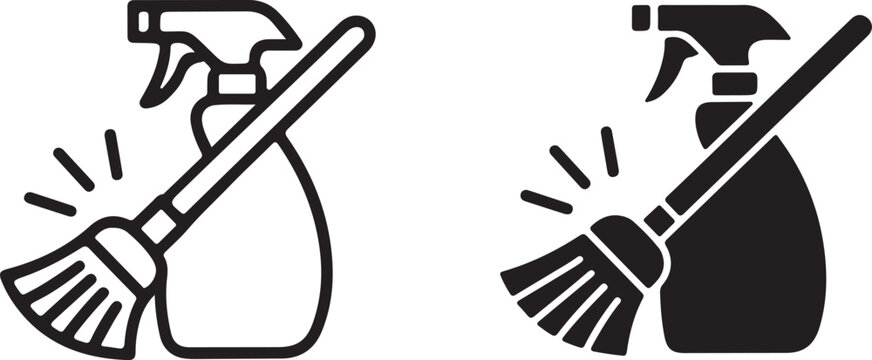 cleaning supplies icon set spray bottle with broom outline and silhouette vector illustration