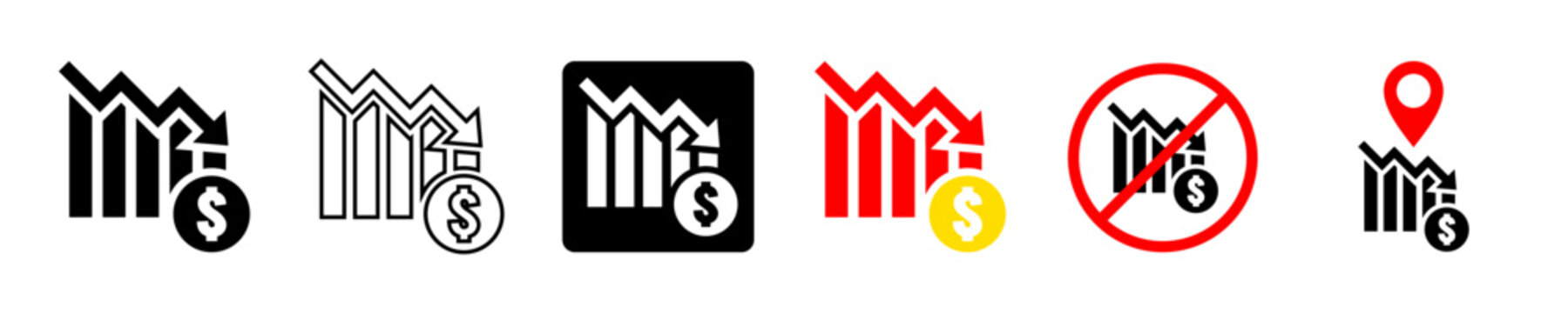 Set editable decrease finance line, glyph, not allowed and location icon vector for market analysis. Ideal for symbolizing economic downturns, restricted areas, and business locations.