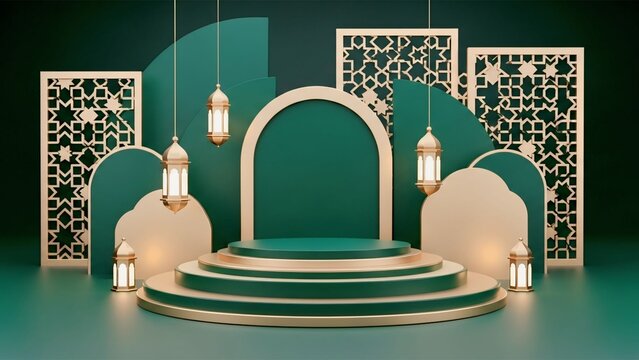 Modern 3D Ramadan podium with abstract Islamic arches, geometric panels, and emerald gold accents. Elegant layered stage perfect for luxury product displays and festive branding.