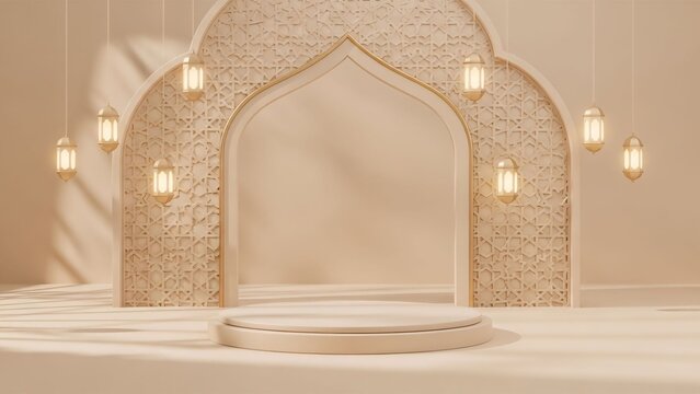 Minimal 3D Ramadan stage with mosque arch and soft lantern glow. Beige and gold tones with modern Islamic aesthetic, perfect for product mockups and social media visuals.