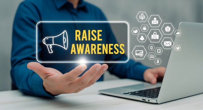 Raise Awareness Concept with Megaphone Icon and Digital Marketing Interface