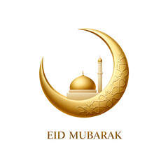 Realistic golden islamic crescent moon with mosque structure and eid mubarak on transparent background