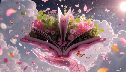 Delicate flowers and butterflies emerging from open book in hand