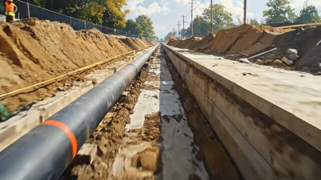 Construction site featuring a large black pipe laid in a trench with dirt piles.