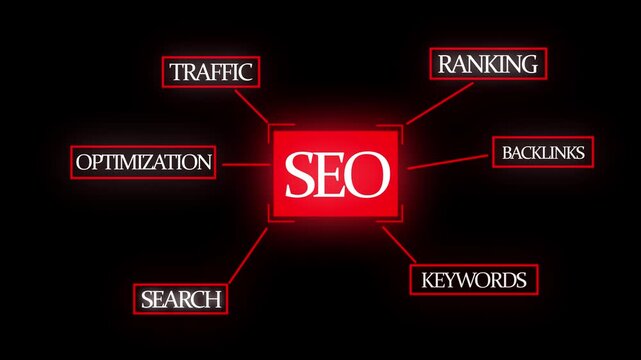 Red SEO Concept Map with Traffic Ranking Keywords and Backlinks Optimization, Search Marketing Strategy Red Glow Infographic Mind map.