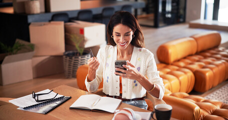 Credit card, finance and woman with phone in home for online shopping, subscription and purchase....