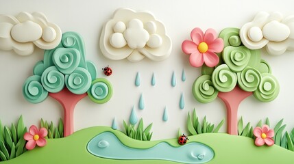 Whimsical, 3D sculpted landscape scene of trees, clouds, flowers, and rain