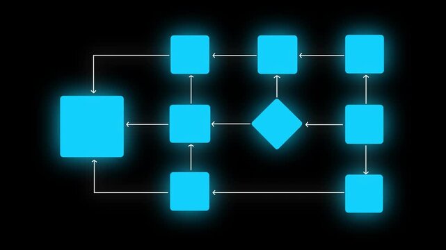 Flowchart Diagram on Black Background &ndash; Glowing Process Workflow Concept Diagram Abstract Tech Modern Interface UI Design Element Project Management Planning Concept.