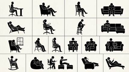 Obraz premium Silhouette icons of people reading in diverse seated positions, showing lifestyle, ergonomics, comfort, and engagement with books or tablets across varied furniture and postures.