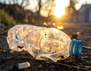 Obraz premium Discarded Plastic Bottles Glinting in the Golden Sunset Light