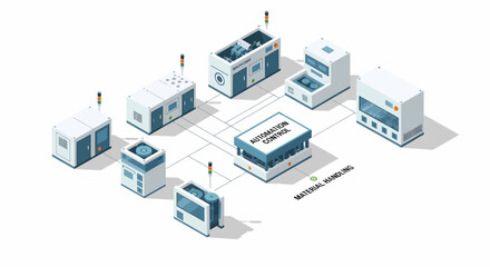 Industrial facility layout illustration showcasing machinery and equipment in a clean white environment from an aerial viewpoint