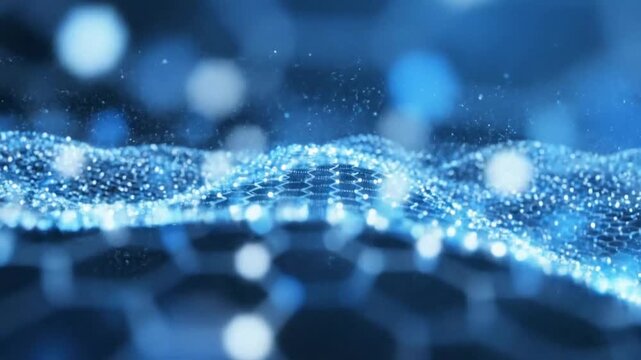 Abstract Graphene Nanomaterial Structure with Glowing Particles Flowing Across a Hexagonal Molecular Grid