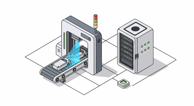Automated Manufacturing Process with Conveyor Belt and Control Panel