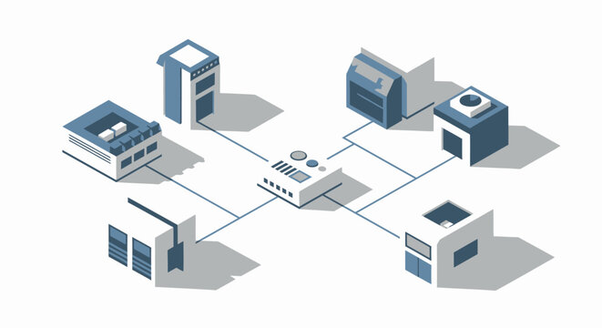 Integrated industrial network connecting smart factories and data centers for efficient supply chain management and automated logistics, showcasing a modern industrial ecosystem