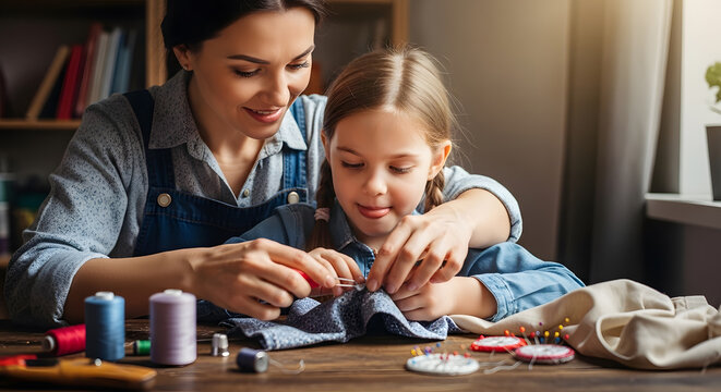 A focused woman guiding her little daughter through the process of sewing cloth using various colorful threads