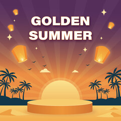 Summer Beach Podium with Floating Lanterns and Sunset Background Vector © Daranrat