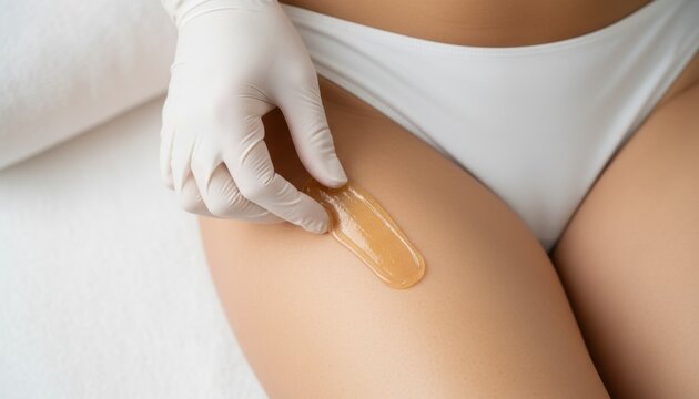 Close up of gloved hand applying sugaring paste on female thigh for depilation