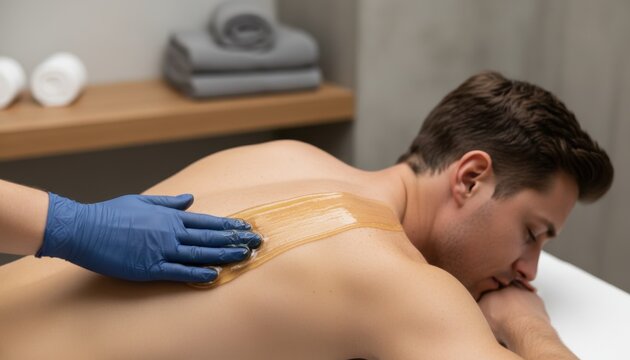Gloved hand applying yellow sugar paste on man's bare back for hair removal treatment