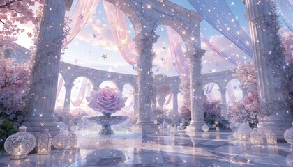 Elegant fantasy garden with marble arches and sparkling decorations