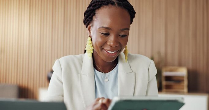 Smile, tablet and black woman in workplace, typing and online reading for article submission. African person, copywriting and journalist in office, tech or website to check column facts or creativity