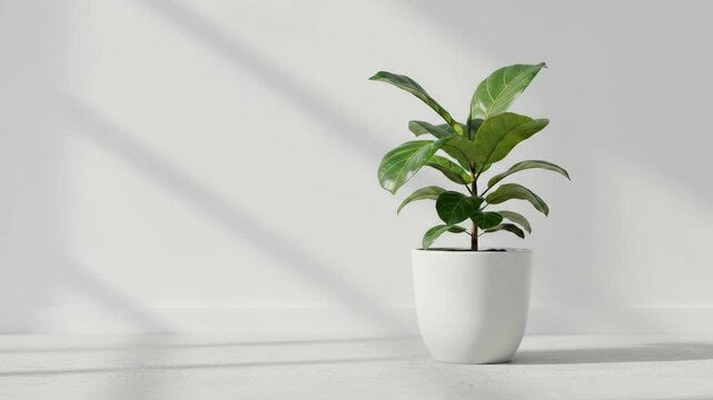 Potted Green Plant with Sunlight Shadows on White Background.