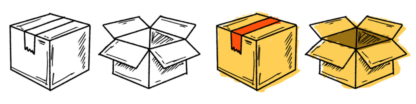 Set editable sketch drawing package box vector for artisanal brands and delivery apps. Ideal for symbolizing custom packaging, mail services, and shipping ideas.