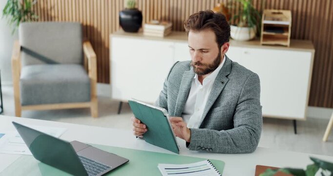 Business, tablet and man in office, connection and email for article submission, internet and creativity. Person, copywriting and journalist in workplace, tech and website to check news report facts