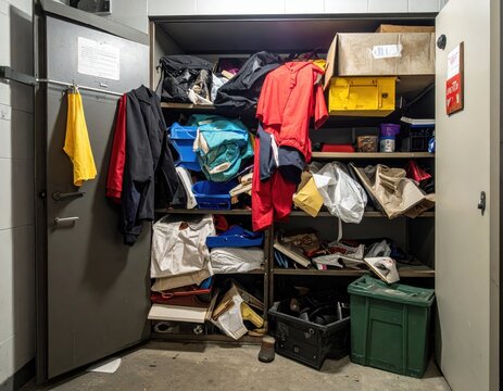 Disorganized Storage Area with Various Items and Colorful Bins