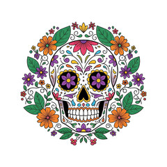 Colorful Floral Sugar Skull for D&iacute;a de Muertos, Background Removed