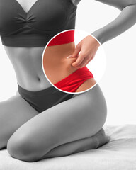 A slender swarthy woman in underwear on a white background. Healthy lifestyle, sport and diet.