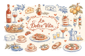 A vibrant illustration of Italian 'La Dolce Vita' lifestyle featuring wine, cheese, fruits, coffee, and various delicious food items.