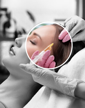 Cosmetologist does prp therapy against hair loss and anti-dandruff of a beautiful brunette woman in a beauty salon. Aesthetic cosmetology concept, hair treatment.