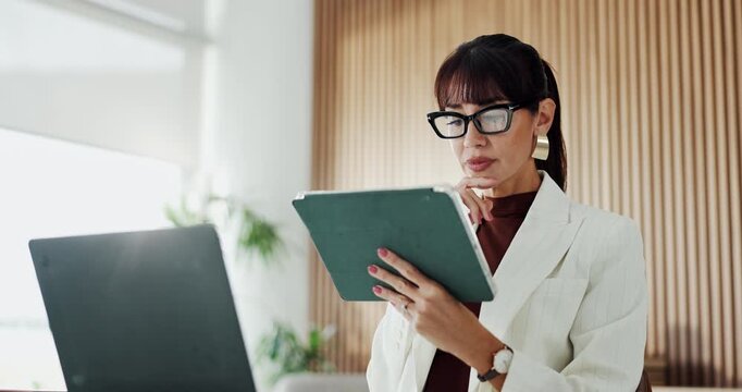 Business, tablet and woman in office, reading and email for magazine column review. Mature person, copywriting or journalist in workplace, tech and website info to check facts or deadline for article