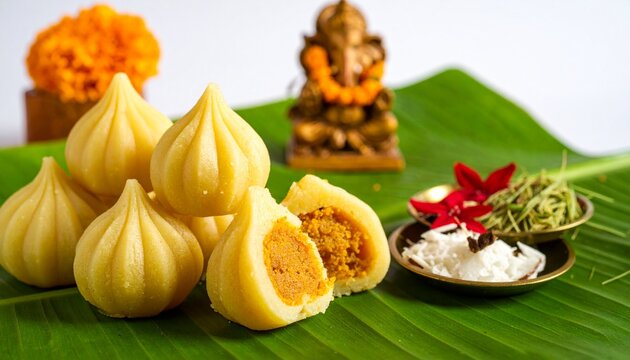 Traditional Indian Modak sweets on banana leaf with Ganesha idol.