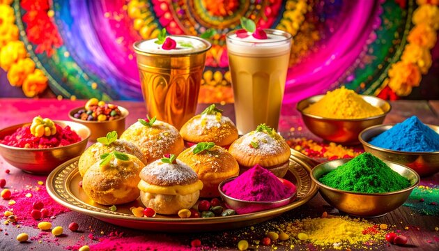 Vibrant Holi Celebration with Colorful Drinks and Traditional Sweets.