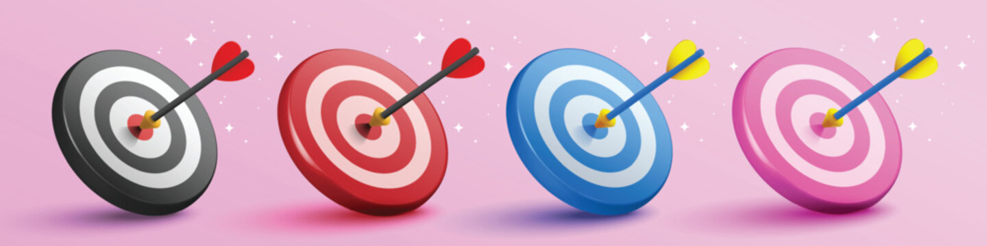 Four colorful targets with arrows hitting the bullseye on a pink background
