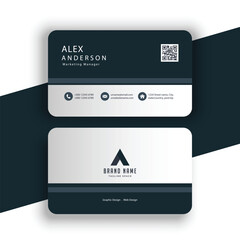 Double sided business card mockup with abstract dark blue and white design elements and professional contact information for marketing manager