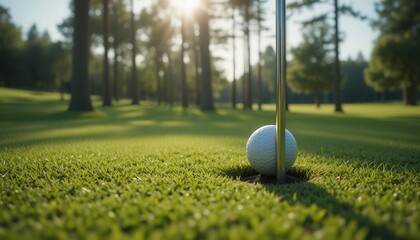 Golf ball resting in hole on serene green course with trees