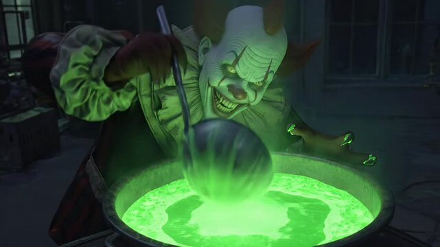 Creepy clown stirs toxic green potion in cauldron, halloween concept