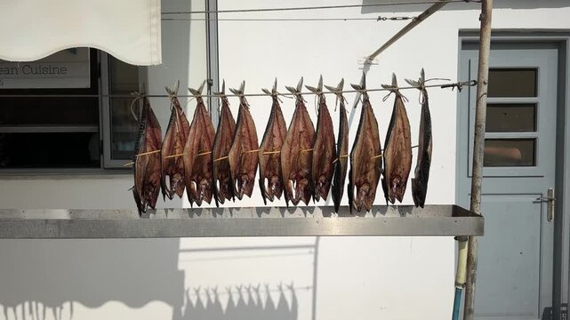 Paros Island,Sun dried Makarels hanging in front of a white building with grey door.Shadows of the fishes on the building.