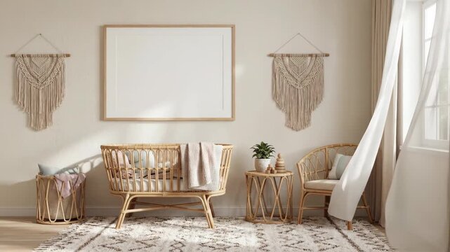 Bohemian Nursery Interior Design with Crib and Mockup Frame.