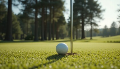 Golf ball resting near hole on serene green course with trees