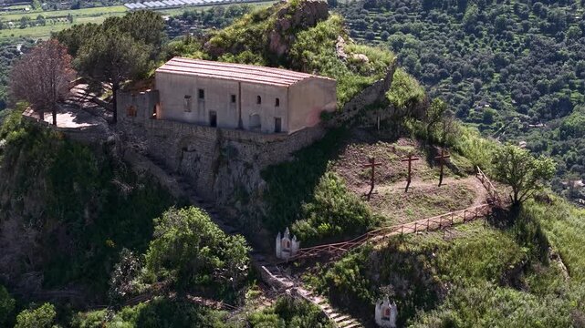 Aerial of Pentefur Castle Natural Landscape in Savoca Sicily Summer Destination