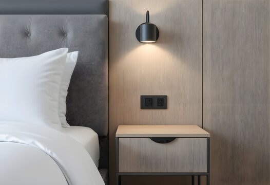 detail of modern bedroom interior with stylish bedside table wall lamp and power outlet