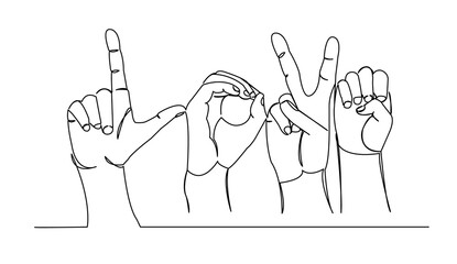 One continuous single drawing line art flat doodle letter, symbol, sign, language, alphabet, finger, abc, deaf, word. Isolated image hand draw contour on a white background  © nasharaga