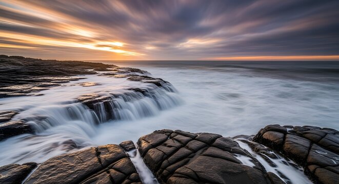 Serene ocean waves crashing on rocky shore at sunset in nature